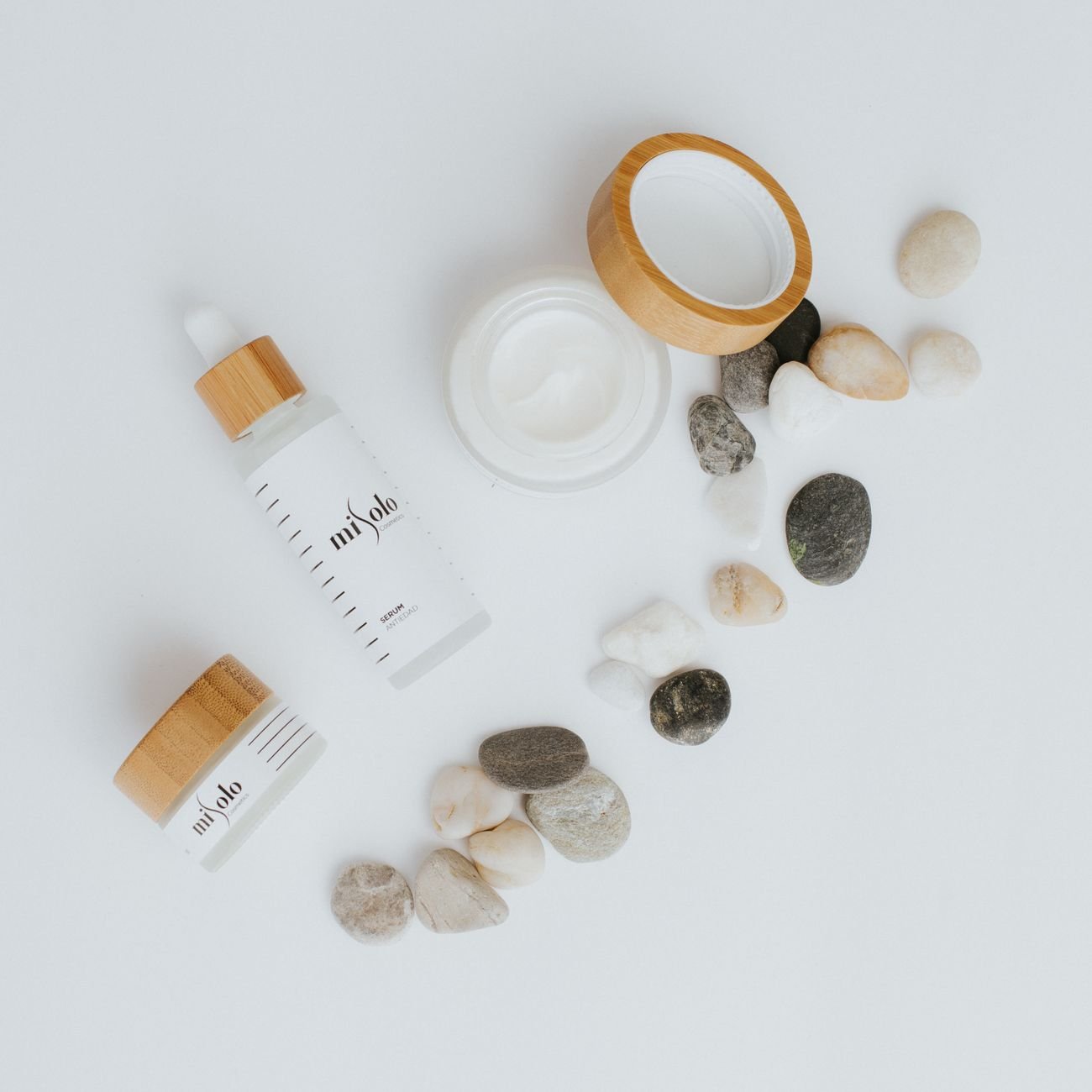 Flat lay of skincare products on a cluttered background — typical unpolished product photo